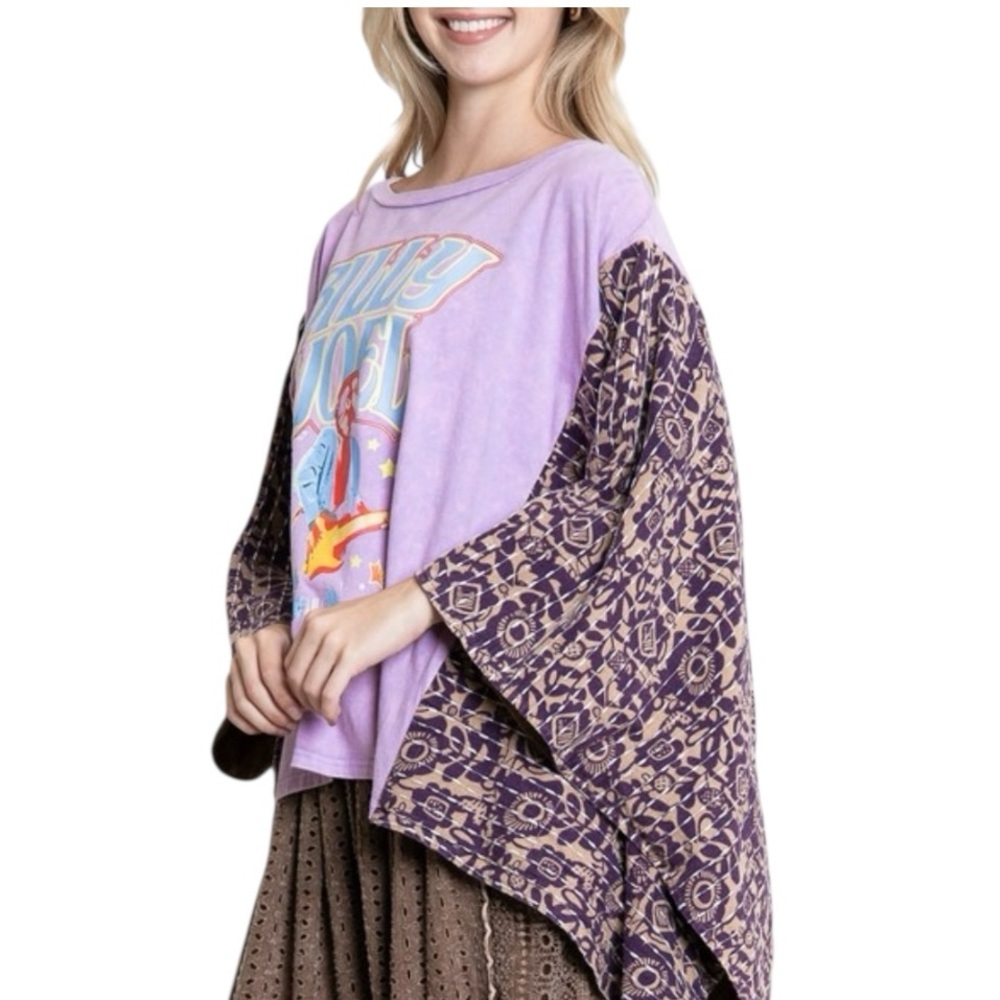 Custom Billy Joel Upcycled Kantha Graphic Tee / Boho Tunic Top - Picture 2 of 3